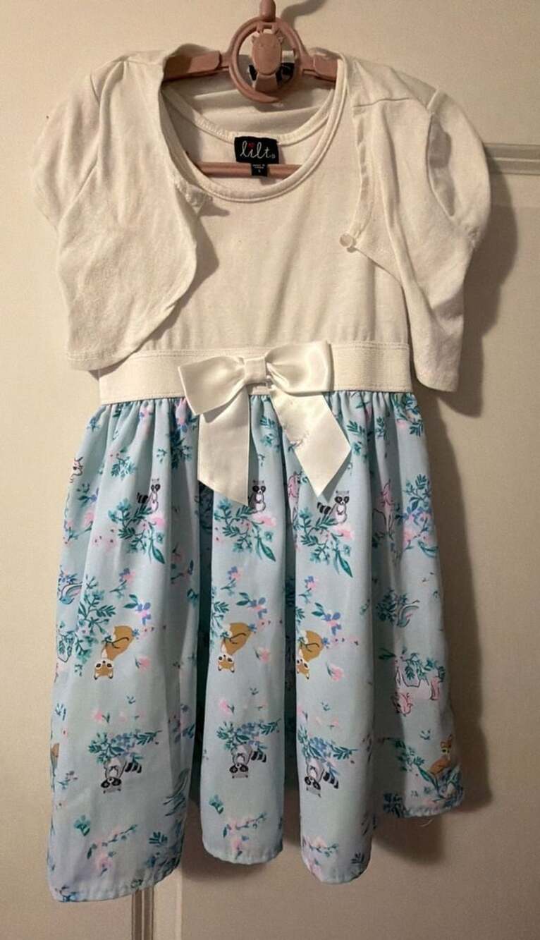 lilt Girls Short Sleeve White Bolero Jacket and Blue Floral Raccoon Dress Size 5